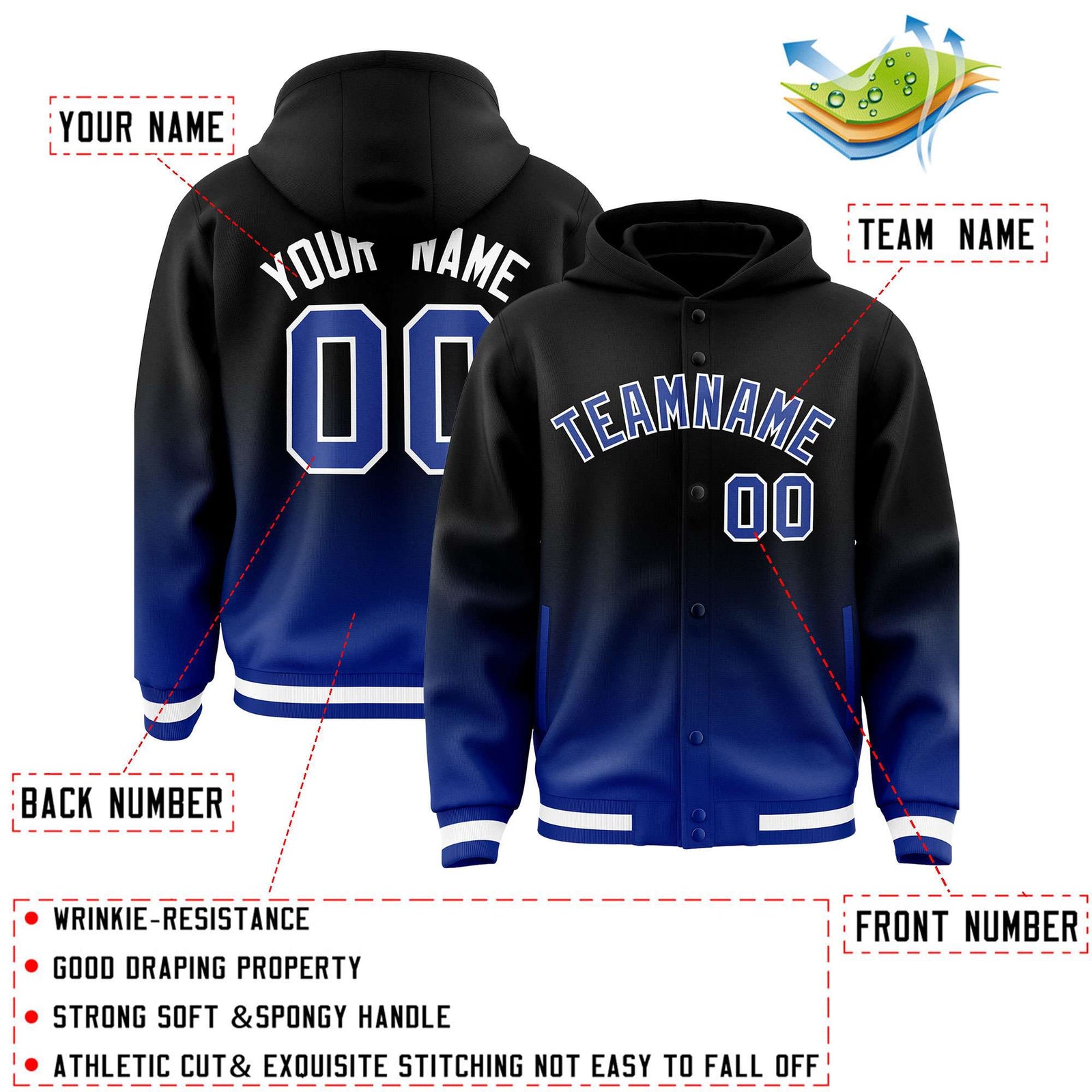 Custom Black Royal Varsity Full-Snap Letterman Gradient Jacket Hoodie