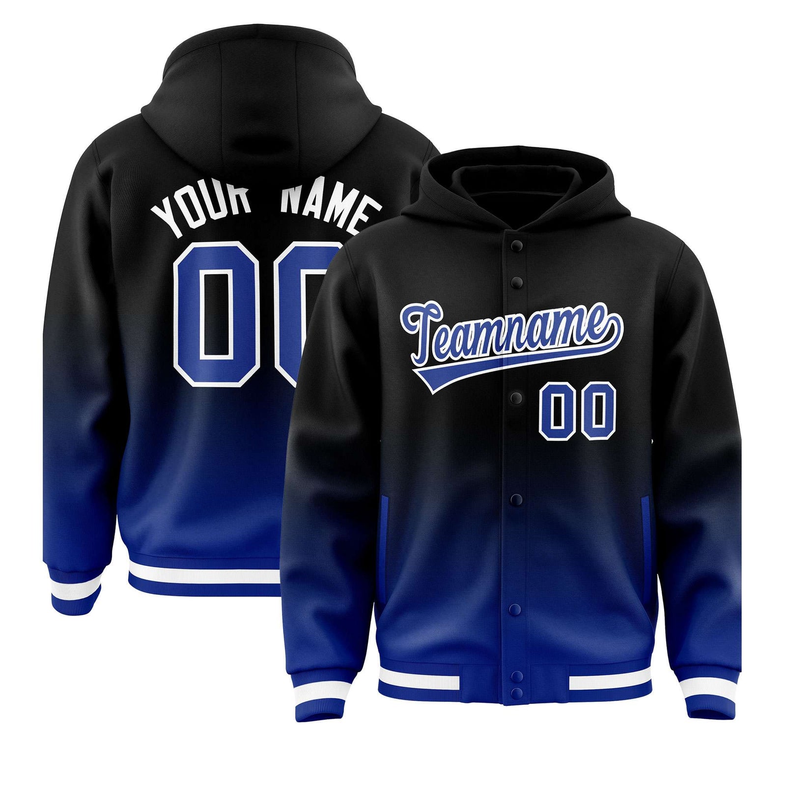 Custom Black Royal Varsity Full-Snap Letterman Gradient Jacket Hoodie