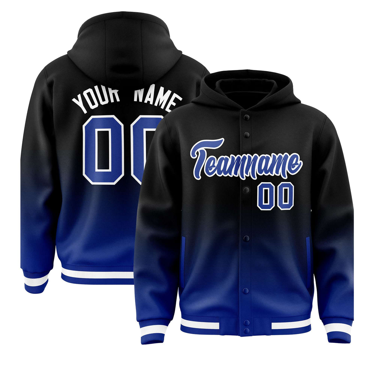 Custom Black Royal Varsity Full-Snap Letterman Gradient Jacket Hoodie