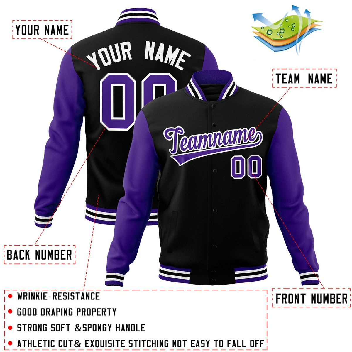 Custom Personalized Varsity Raglan Sleeves Letterman Baseball Jacket Stitched Name Number