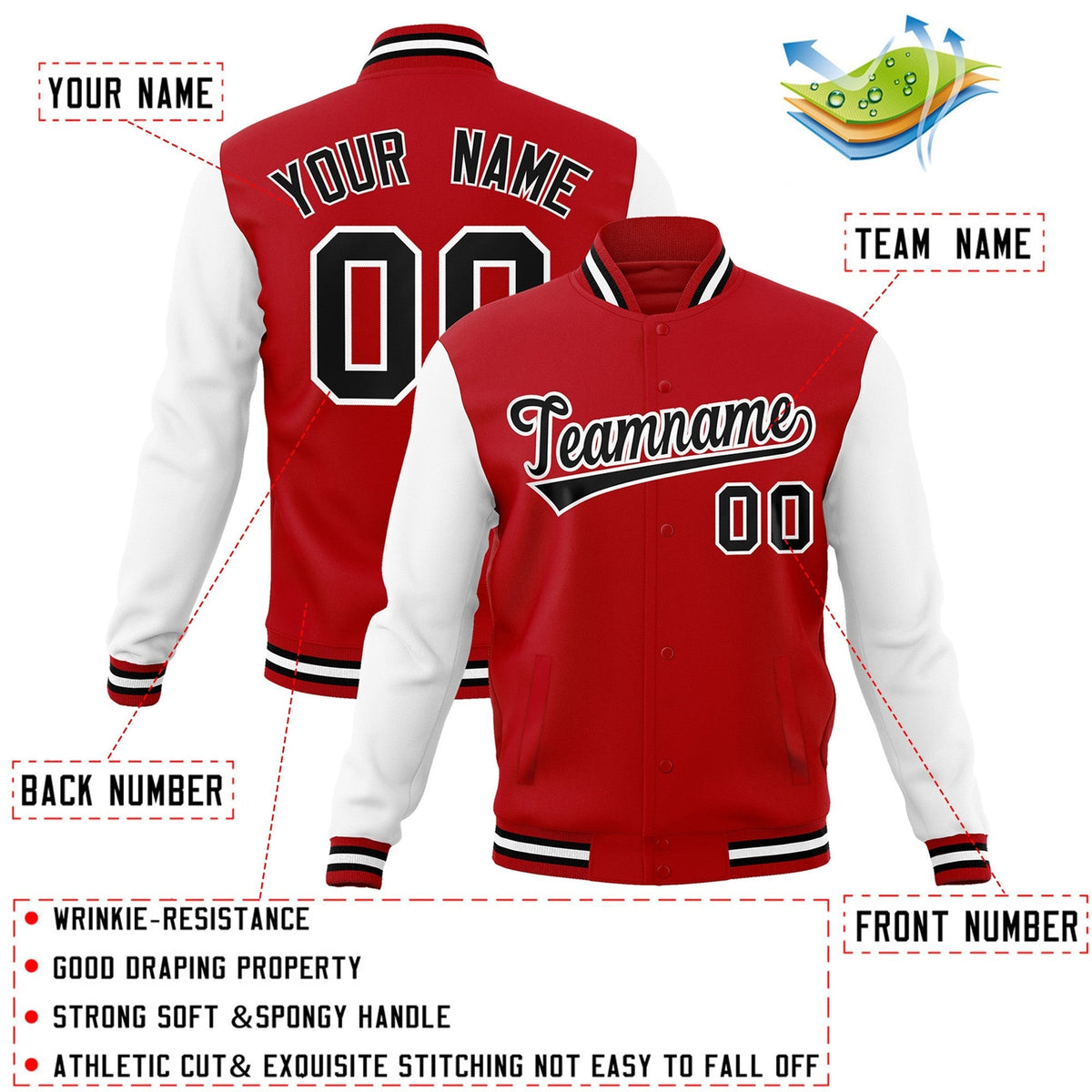 Custom Personalized Varsity Raglan Sleeves Letterman Baseball Jacket Stitched Name Number