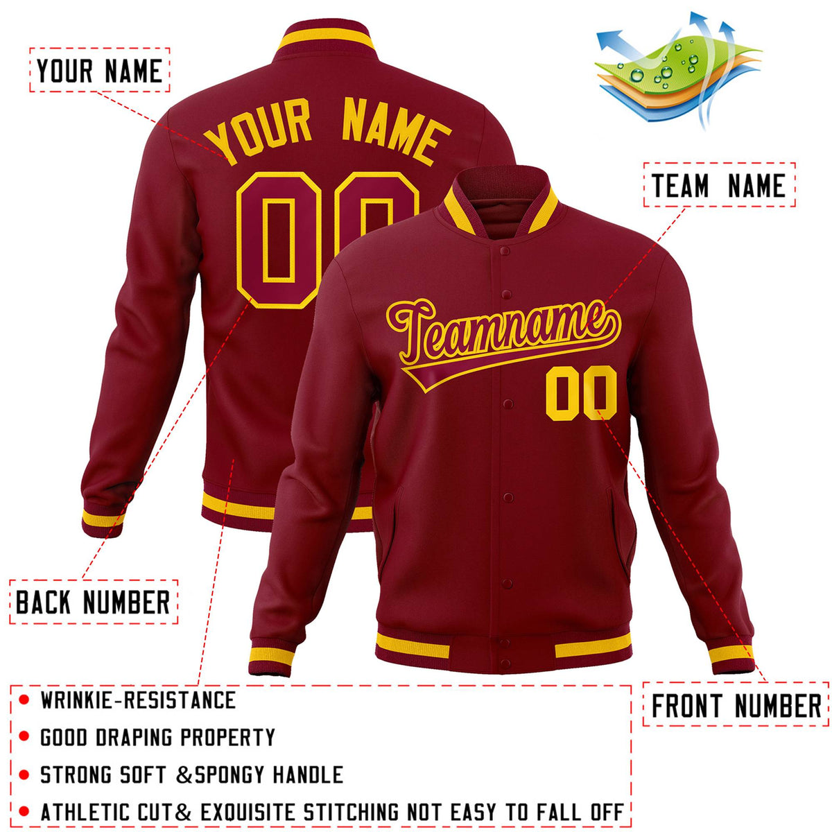 Custom Crimson Crimson-Gold Classic Style Varsity Full-Snap Letterman Jacket