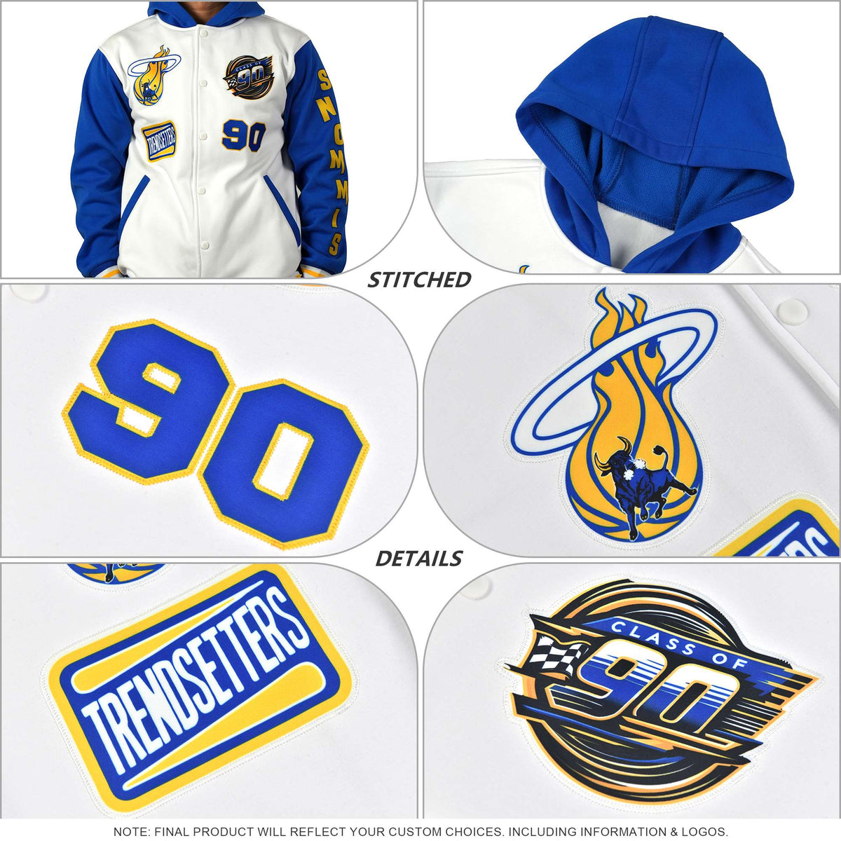 Custom Gold Royal Color Block Varsity Full-Zip Letterman Wave Jacket Hoodie
